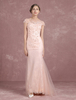 Robe de mariée bohémienne fard à joues tulle sirène illusion décolleté applique touche balayage sans manches