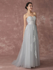 Robe de mariée bohémienne Plage sans bretelles tulle broderies dos nu gris perler Cour Train dentelle appliques rez-longueur a-ligne Milanoo