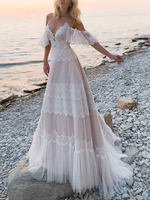 Robe de mariée bohémienne rougeâtre col V à bretelle décolleté au sol Robe de mariée