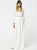 Robe de mariée Boho en crêpe extensible et dentelle coupe trapèze taille naturelle boutons fonctionnels manches longues col en v ivoire
