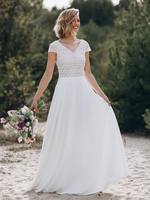Robe de mariée Boho en dentelle coupe trapèze taille naturelle dos nu manches courtes col en V ivoire