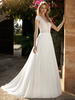 Robe de mariée Boho en dentelle découpée ligne A avec traîne dos nu manches courtes col en V ivoire