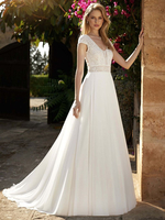 Robe de mariée Boho en dentelle découpée ligne A avec traîne dos nu manches courtes col en V ivoire