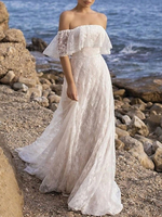 Robe de mariée Boho en dentelle ligne a avec traîne taille naturelle sans bretelles fermeture éclair manches courtes col bateau ivoire