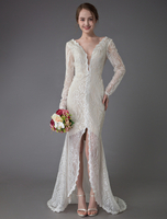 Robe de mariée boho ivorie en dentelle col V manche longue Robe de mariage