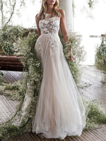 Robe de mariée col bijou Une ligne sans manches fleurs sol longueur robes de mariée dos nu
