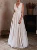 Robe de mariée col et dos en V sans manche top en dentelle au sol