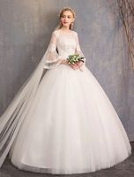 Robe de Mariée Col Rond En Dentelle Robe Princesse Manches Longues En Tulle Robe de Mariage 2021