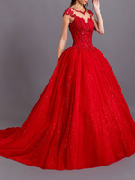 Robe de mariée coloré rouge en dentelle col rond laçage sur dos à traîne Robe de mariage