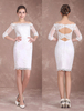 Robe de mariée court jardin fourreau col bateau demi-manches à taille naturelle die Knöpfen ivoire avec jupon