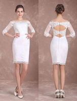 Robe de mariée court jardin fourreau col bateau demi-manches à taille naturelle die Knöpfen ivoire avec jupon