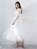 Robe de mariée courte 2022 Une ligne col en V manches courtes Thé Longueur Robes de mariée