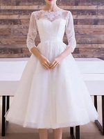 Robe de mariée courte A-ligne col bijou manches 3/4 robes de mariée en dentelle