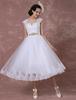 Robe de mariée courte en dentelle Tulle dos coupe thé longueur réception a-ligne Vintage avec strass amovible Bow Sash Milanoo