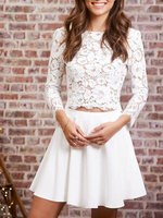 Robe de mariée courte robe de mariage 2 pièces Top col rond manche longue en dentelle jupe courte