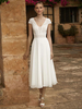 Robe de mariée courte robe de mariage civil col V manche courte boutonné sur dos