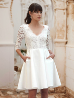 Robe de mariée courte Robe de mariée civil col V demi manche boutonné sur dos longuer au dessus de genou