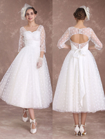 Robe de mariée courte Robe Vintage des années 1950 manche longue dos ouvert avec ceinture en ruban à pois