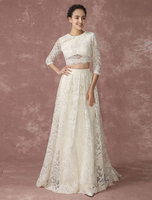 Robe de mariée Crop Top en dentelle demi-manche robe de mariage à traîne