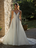 Robe de mariée de luxe en dentelle avec perles à bretelles et queue en dentelle