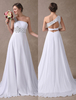 Robe de mariée de plage A-ligne à une épaule plissée avec soutien-gorge et une bretelle sans manches à taille naturelle dos décolleté en chiffon sans doublure blanche 30cm plage Avec traîne