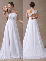Robe de mariée de plage A-ligne à une épaule plissée avec soutien-gorge et une bretelle sans manches à taille naturelle dos décolleté en chiffon sans doublure blanche 30cm plage Avec traîne
