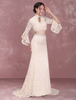 Robe de mariée de plage sirène Avec traîne Cou original et perles manches longues à taille naturelle sans soutien-gorge sans doublure