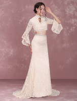 Robe de mariée de plage sirène Avec traîne Cou original et perles manches longues à taille naturelle sans soutien-gorge sans doublure
