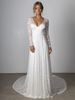 Robe de Mariée Dentelle en Mousselines Creusante Florals col V manche longue dos nu à traîne Robe de mariage