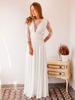Robe de Mariée Dentelle Femme à Col Rond avec Manches Longues Transparentes sur devant avec Dos Nu à Lacets Coupe Cintrée à Lacets Bas Evasée Unicolore Robe de Mariée Dentelle Femme