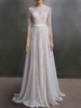 Robe de Mariée Dentelle Femme en Mousselines Imprimés Florals à Col Rond avec Manches Longues Transparentes Coupe Cintrée à Traîne Unicolore