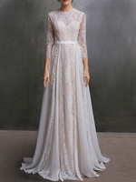 Robe de Mariée Dentelle Femme en Mousselines Imprimés Florals à Col Rond avec Manches Longues Transparentes Coupe Cintrée à Traîne Unicolore