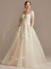 Robe de Mariée Dentelle Femme en Mousselines Imprimés Florals à Col V avec Manches Longues Transparentes Coupe Cintrée à Traîne Robe de Princesse Unicolore