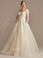 Robe de Mariée Dentelle Femme en Mousselines Imprimés Florals à Col V avec Manches Longues Transparentes Coupe Cintrée à Traîne Robe de Princesse Unicolore