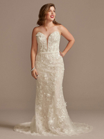 Robe de Mariée Dentelle Femme en Mousselines Imprimés Florals avec Epaules Dénudées sans Manches Coupe Cintrée à Traîne Unicolore Simple