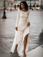 Robe de mariée dentelle Ivoire col rond manches longues dos décolleté Robes de mariée