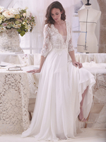 Robe de mariée dentelle robe mariage classique col V manche 3/4 à traîne