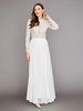 Robe de mariée deux pièces en dentelle avec col bijou et coupe trapèze longueur cheville fermeture éclair manches longues ivoire