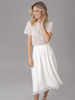 Robe de mariée deux pièces en dentelle découpée col bijou longueur thé boutons fonctionnels manches courtes ivoire