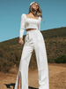 Robe de mariée deux pièces en tissu satiné col carré deux pièces longueur au sol dos nu manches longues ivoire