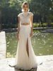 Robe de mariée deux pièces robe de mariée bohème haut en dentelle col montant jupe en mosseline de soie