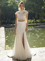 Robe de mariée deux pièces robe de mariée bohème haut en dentelle col montant jupe en mosseline de soie