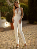 Robe de mariée deux pièces top en dentelle col rond boutonné sur dos pantalon en satin