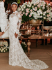 Robe de mariée en dentelle blanche avec train manches longues en dentelle col haut robes de mariée sirène
