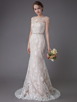 Robe de mariée en dentelle Champagne Jewel sans manches dos nu robe de mariée plage sirène avec train