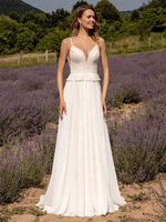 Robe de mariée en dentelle col en V sans manches robes de mariée en dentelle