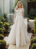 Robe de mariée en dentelle col rond manche longue dos en V à traîne