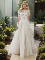 Robe de mariée en dentelle col rond manche longue dos en V à traîne