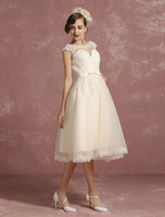 Robe de mariée en dentelle courte illusion Vintage dos nu chaînes sans manches Milanoo