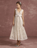 Robe de mariée en dentelle V col sans manches ruban Bow Sash serrure arrière thé longueur Milanoo
